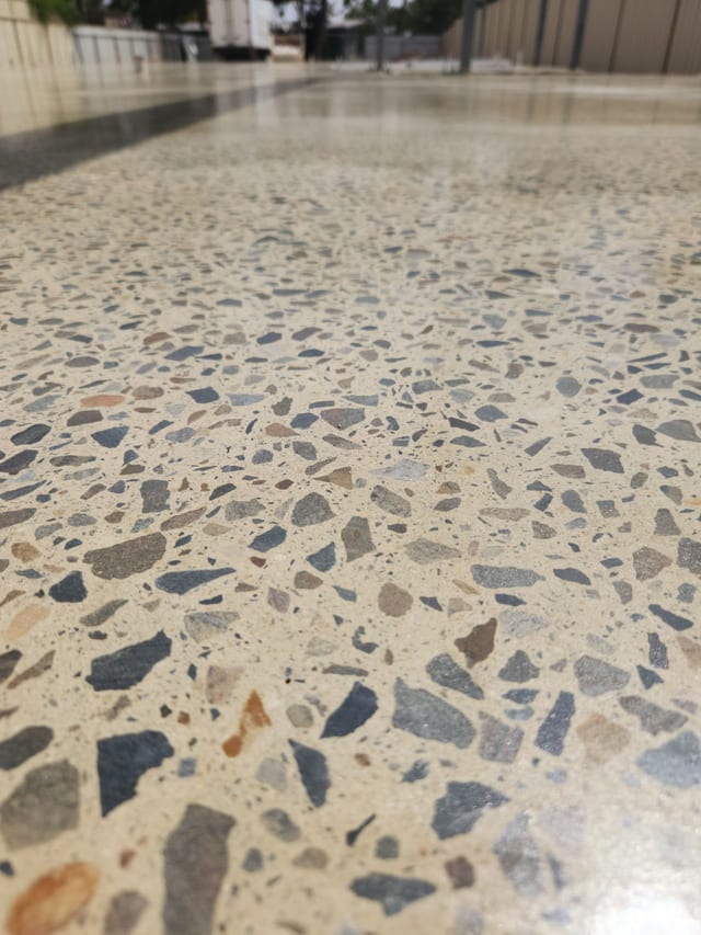 Polished concrete floor in an Adelaide home with salt-and-pepper exposure catching natural light